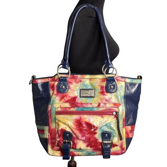 Omar Sharif Tote Bag Tie Dye Large Patent Leather Pockets Dual Handles Colorful - Picture 1 of 15